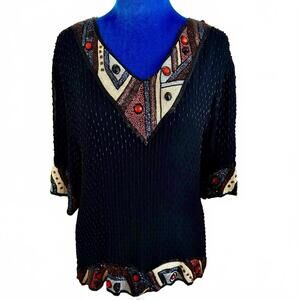 Vintage Royal Feelings 100% Silk Beaded Egyptian Geo Top L